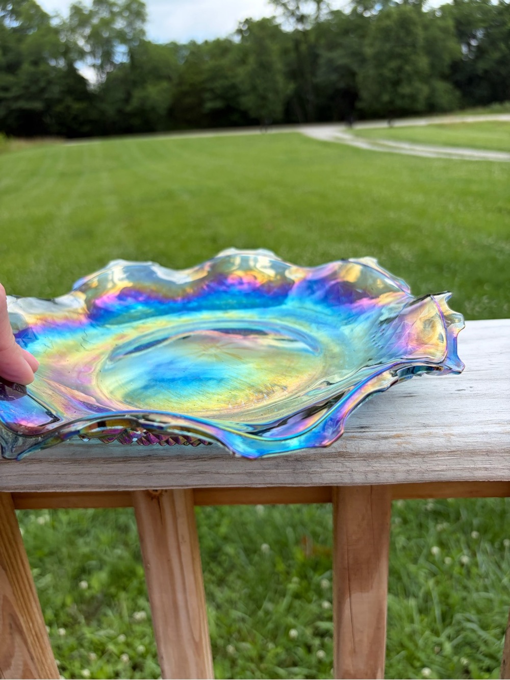 Blue Iridescent Diamond Cut Carnival Glass 10" Bowl Plate Dish Vintage Victorian - Picture 3 of 7